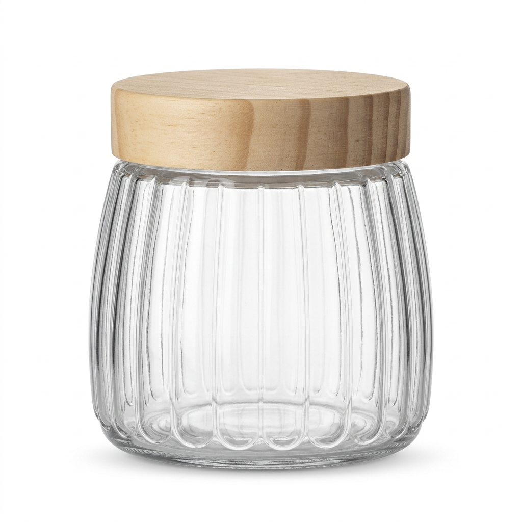 Ribbed Glass Jar with Wooden Lid - 500ml