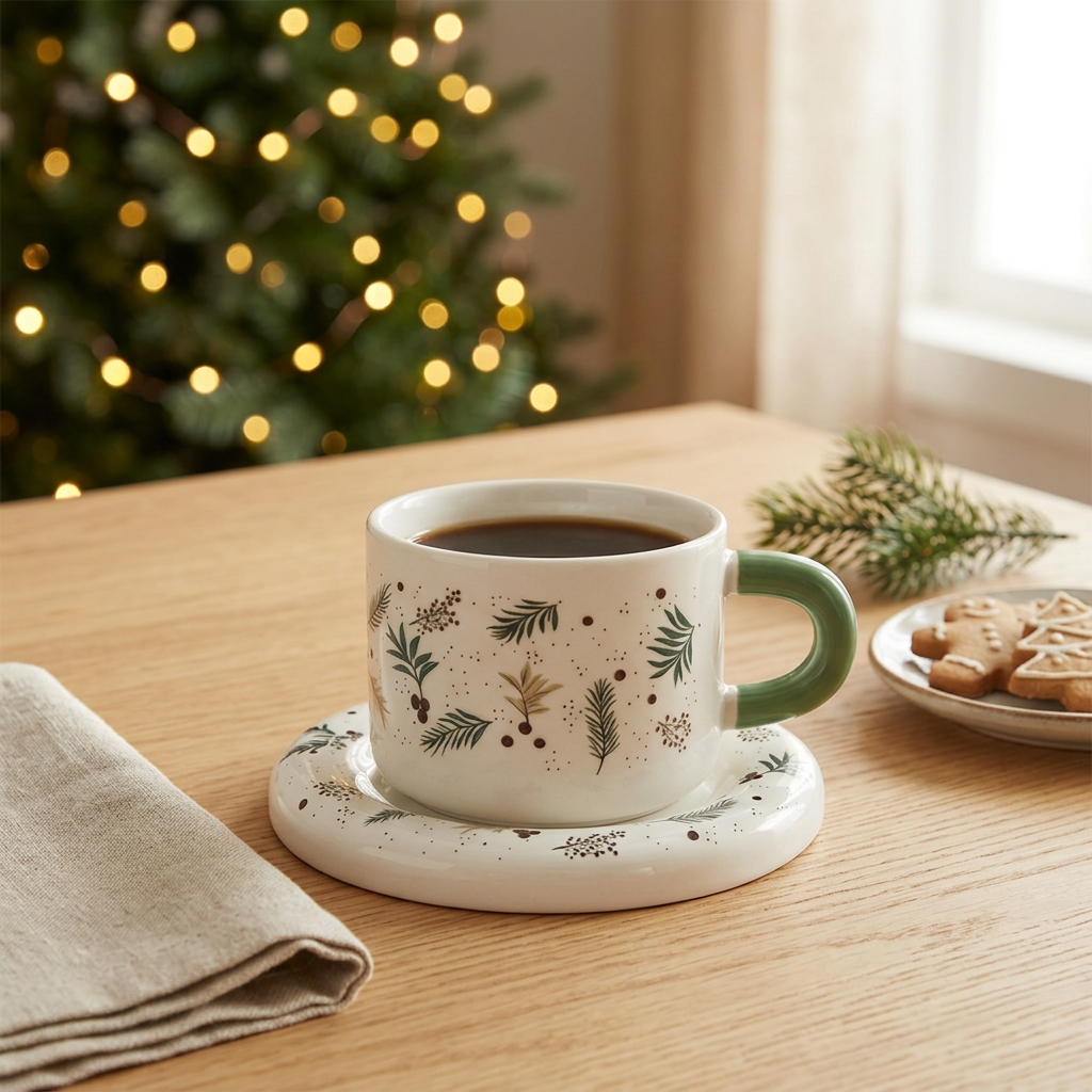 Ceramic Christmas Cup & Saucer Set White & Green Handle - 350ml