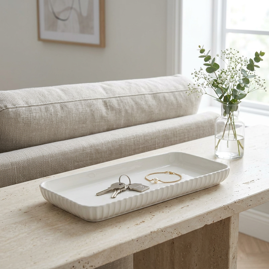 Ceramic Rectangular Tray with Textured Sides White – 13×30cm