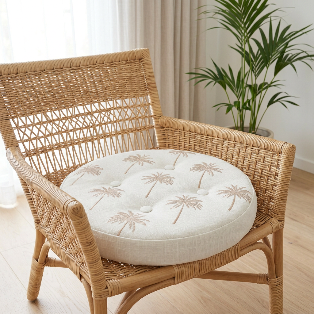 Round Tufted Cushion with Palm Tree Design White & Beige - 40cm