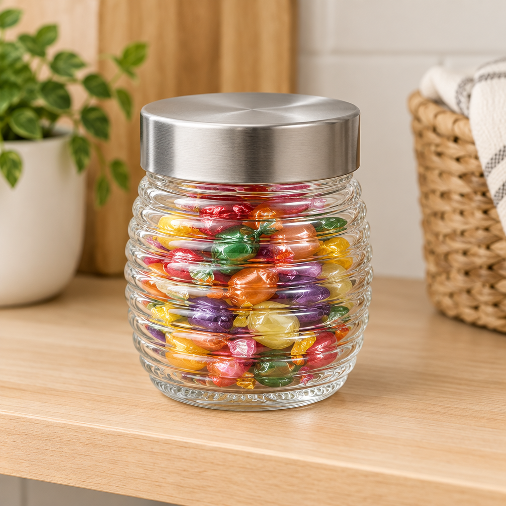 House Mart Ribbed Glass Jar with Silver Lid - 230ml