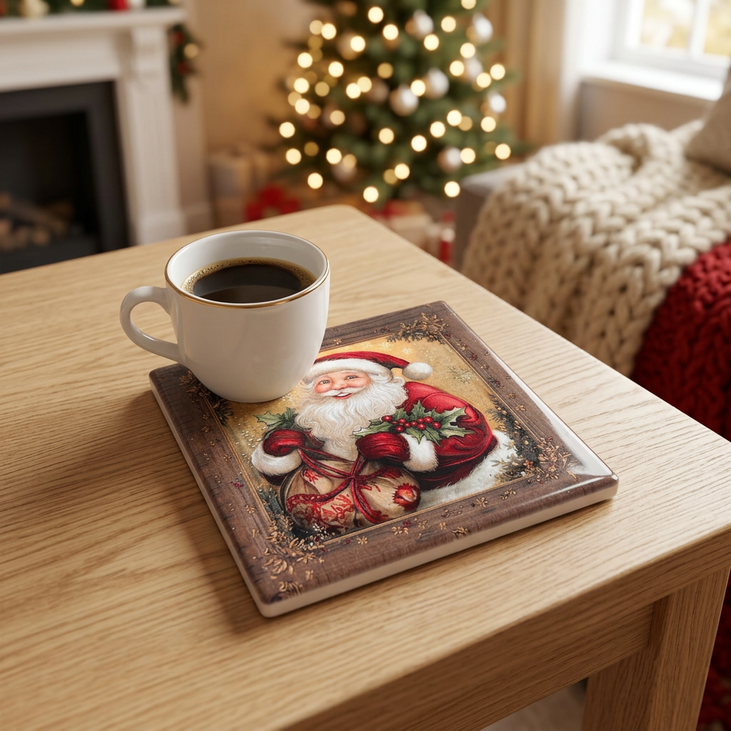Ceramic-Coated Square Christmas Santa Coaster - 11cm
