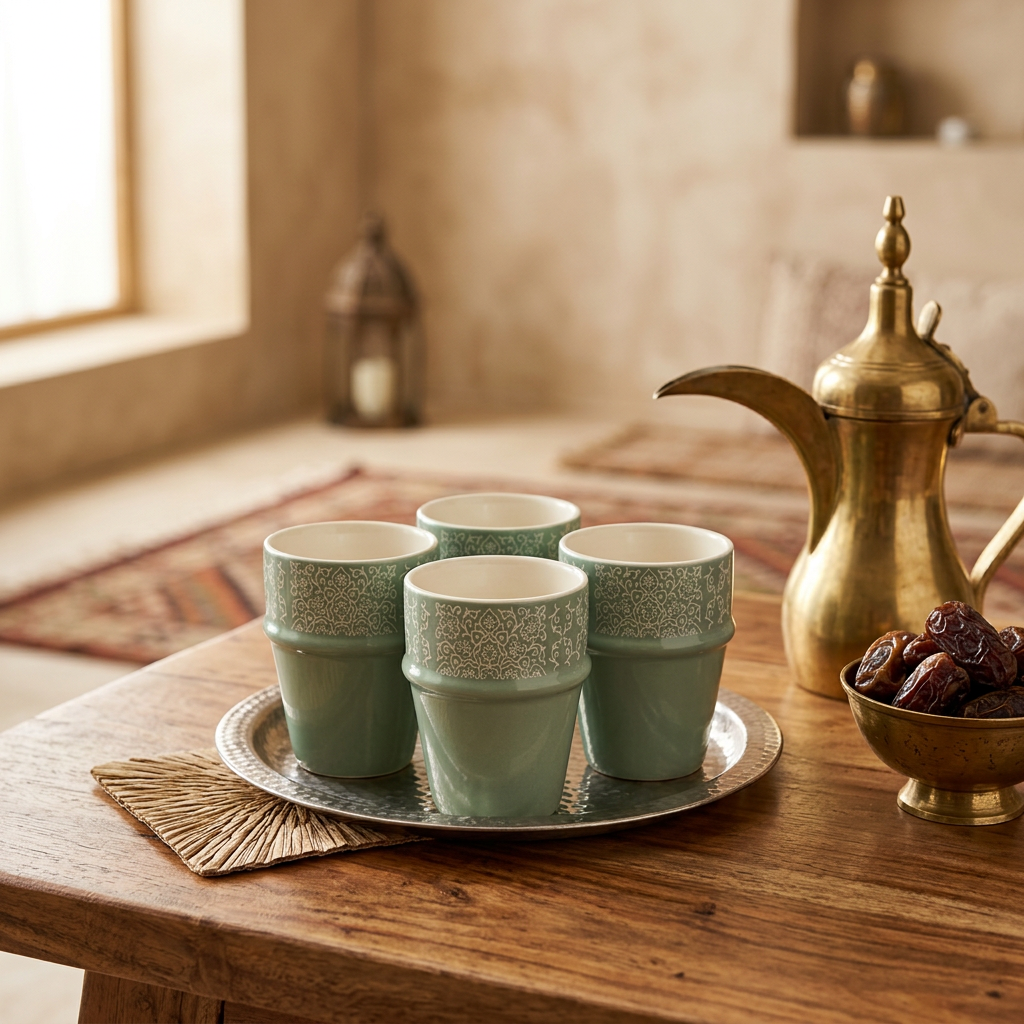 Dallah Addar 12-Piece Ceramic Cawa Cup Set Sage Green - 100ml