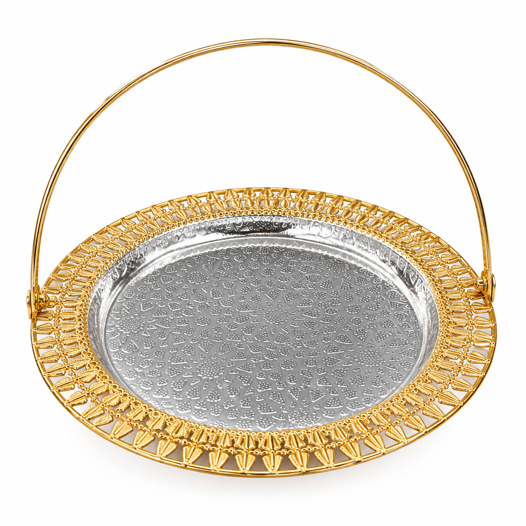 Metal Round Serving Tray with Handle Gold & Silver - 28cm