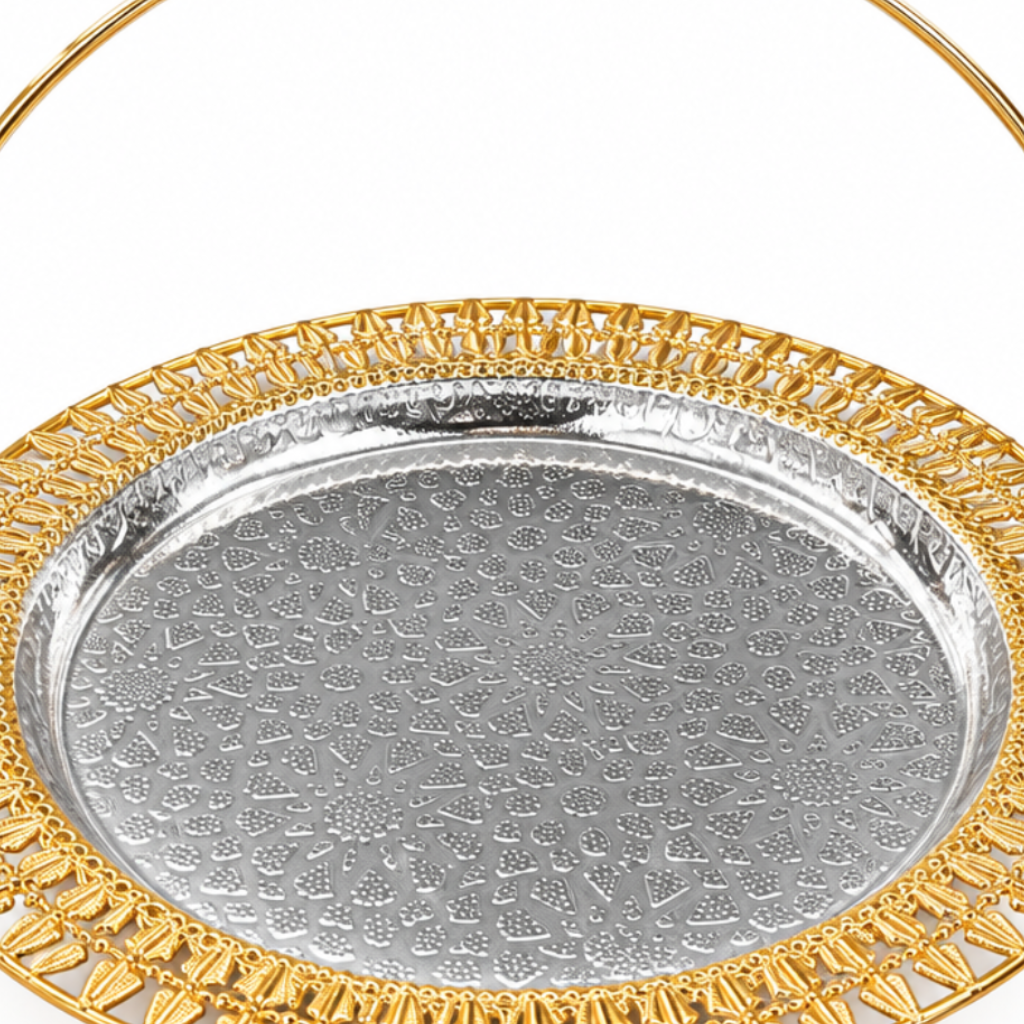 Metal Round Serving Tray with Handle Gold & Silver - 28cm