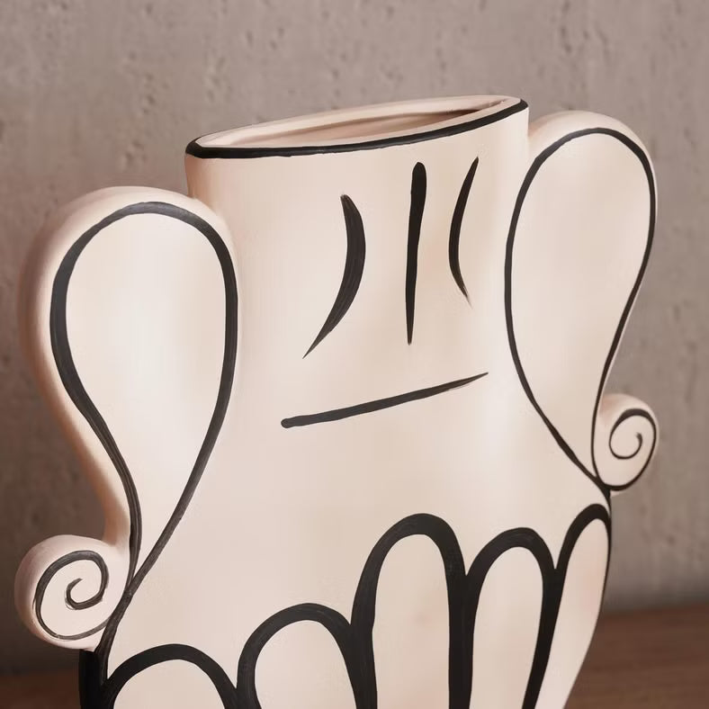 AKDC Abstract Twin Handle Decorative Clay Flower Vase 17.5cm*5cm*23cm, Beige and Black