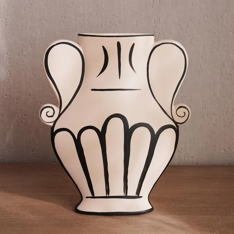 AKDC Abstract Twin Handle Decorative Clay Flower Vase 17.5cm*5cm*23cm, Beige and Black