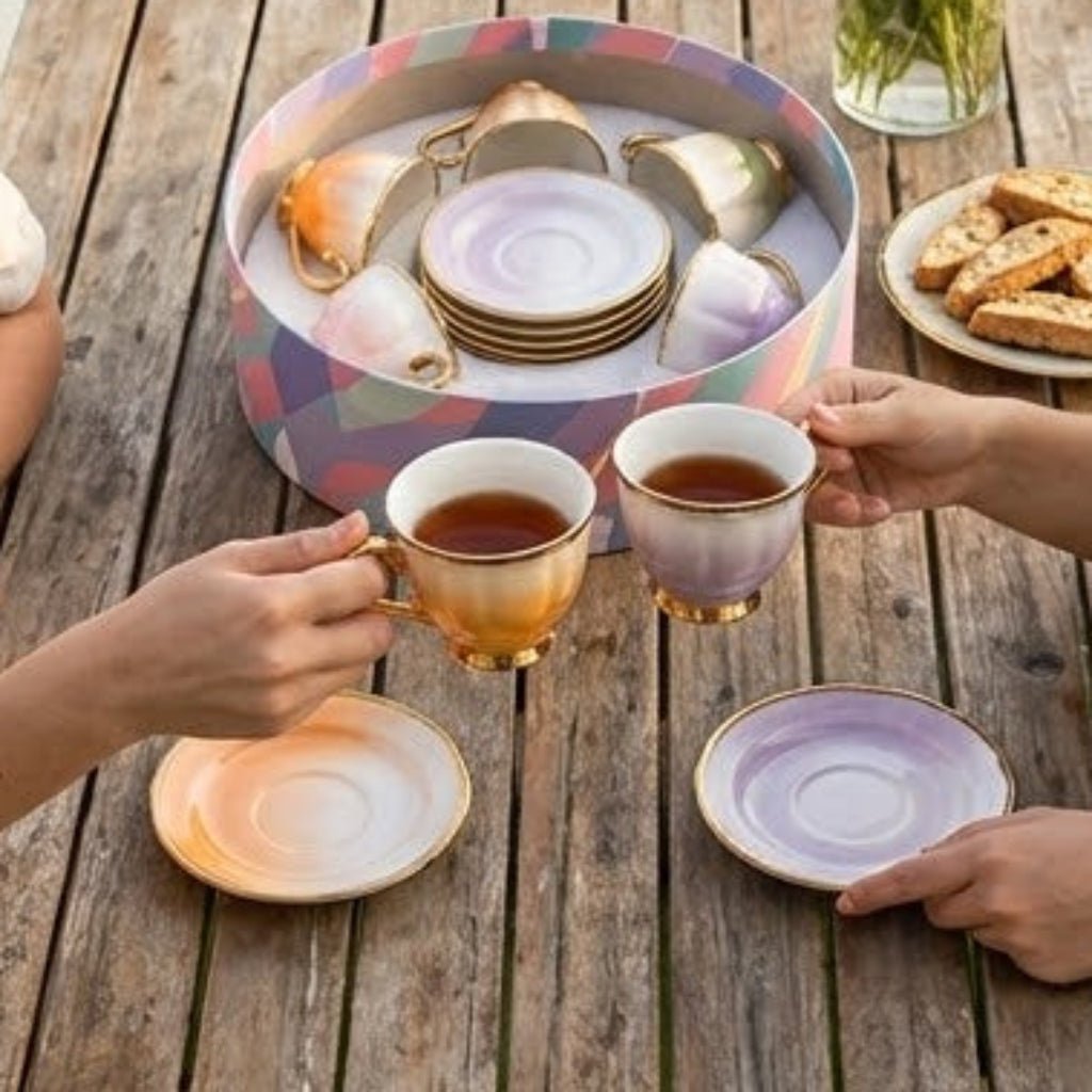12-Piece Ceramic Cup & Saucer Set | 6 Cups + 6 Saucers | Assorted Ombre Colors | Gold-Trim Handles - Al Kabayel Discount Centre12-Piece Ceramic Cup & Saucer Set | 6 Cups + 6 Saucers | Assorted Ombre Colors | Gold-Trim HandlesTea SetsAKDCAl Kabayel Discount Centre