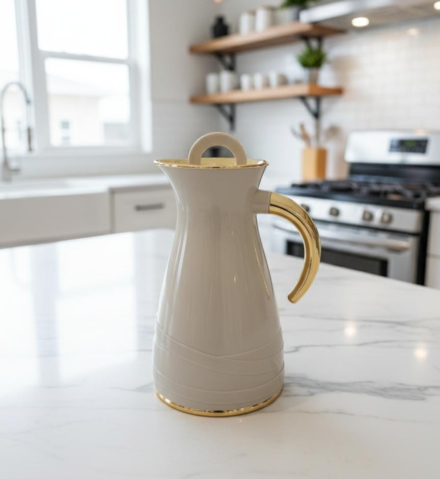 Rejal 1 Liter Modern Vacuum Flask – Gray Body with Gold Trim Finish, Premium Flask for Everyday Use