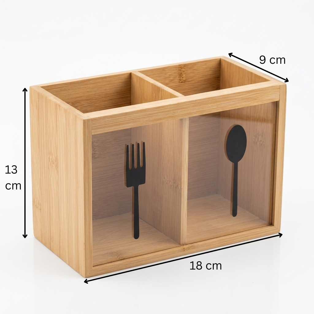 Orchid Wooden Cutlery Box with 2 Compartments, 18 × 9 × 13 cm