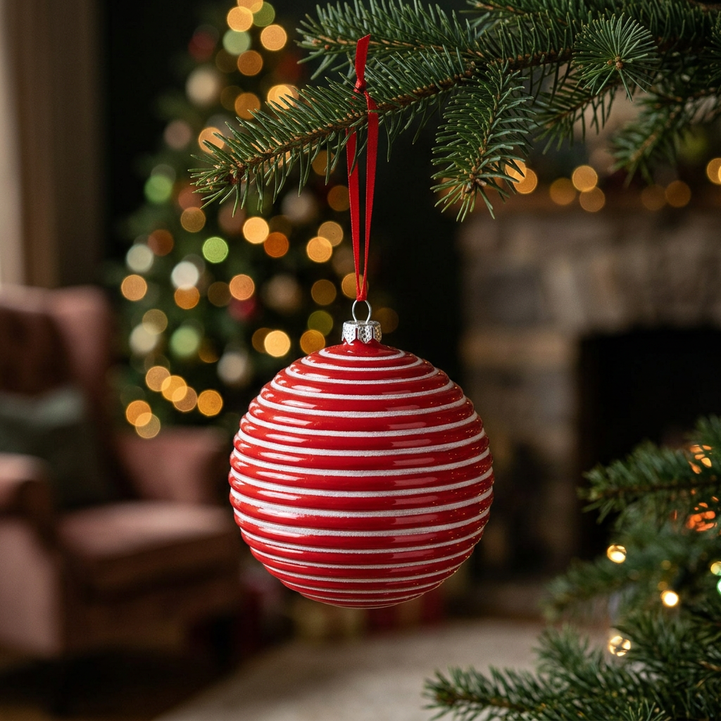 Striped Plastic Christmas Ball Hanging Decoration Red – 10cm