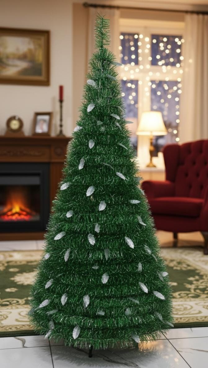 AKDC 150cm Green Tinsel Christmas Tree | Shiny Metallic Holiday Decoration for Home & Office
