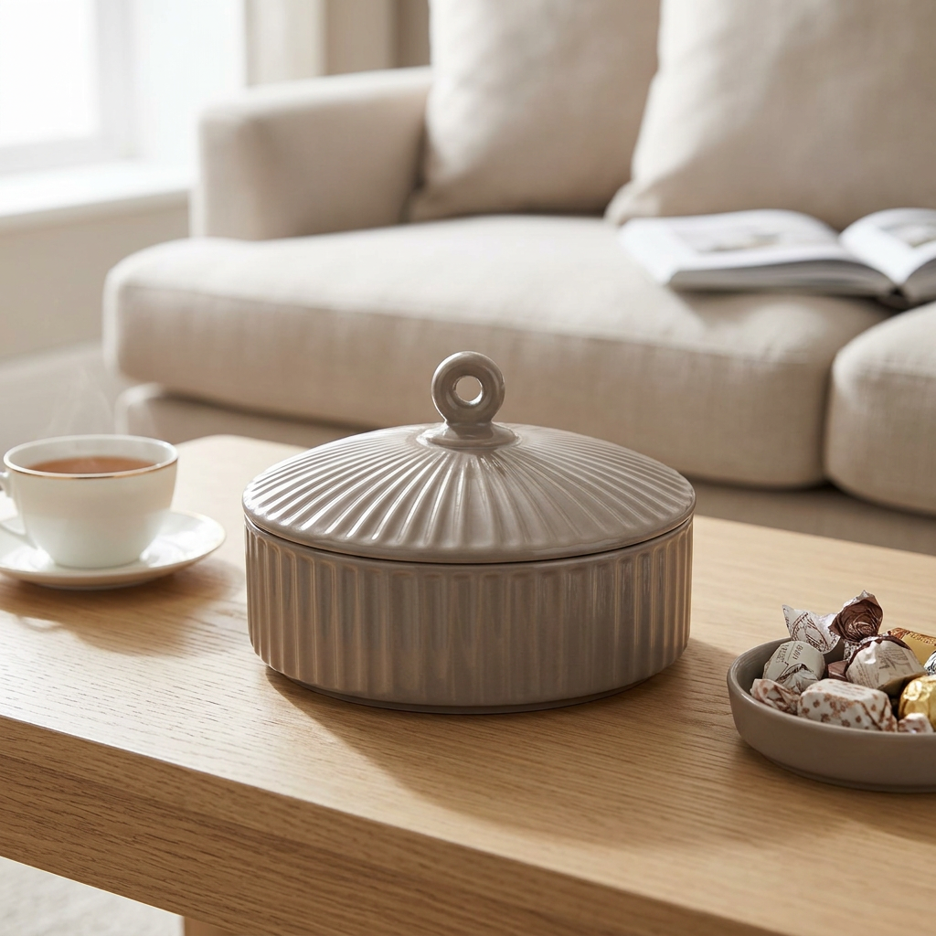 Hamid Ceramic Candy Pot with Lid Taupe - 18cm