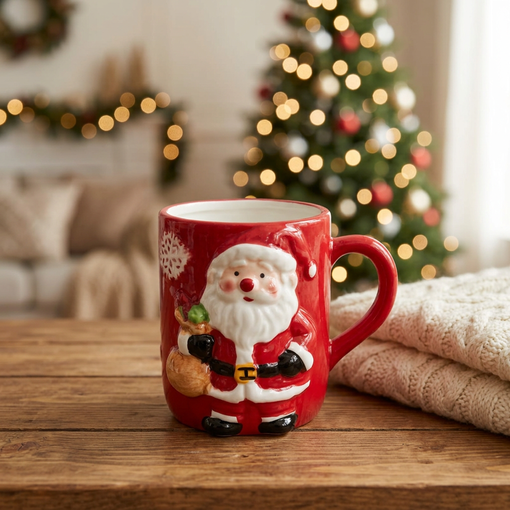 Ceramic Christmas Mug with Raised Santa Design - 300ml