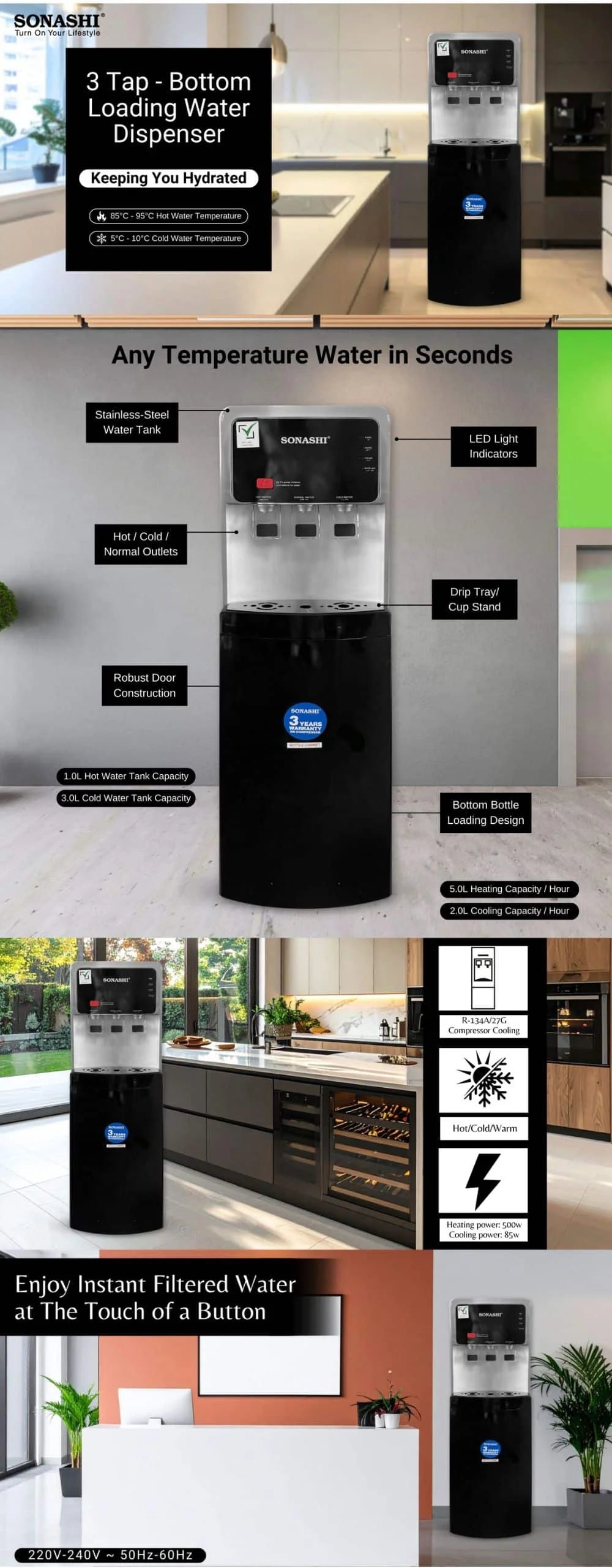 Sonashi 3 Tap Bottom Loading Water Dispenser SWD-56N