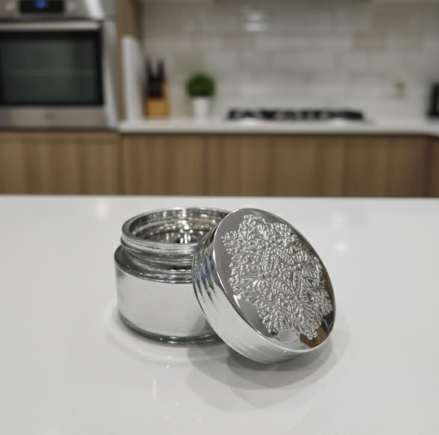 AKDC Decorative Glass Bottle – 6×7 cm Silver Finish, Perfect for Decorative Storage & Tabletop Displays