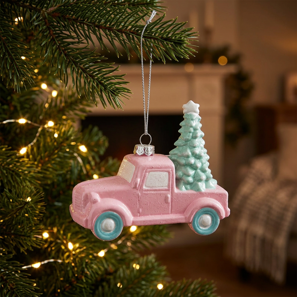 Plastic Truck with Green Christmas Tree Hanging Decoration – 10cm