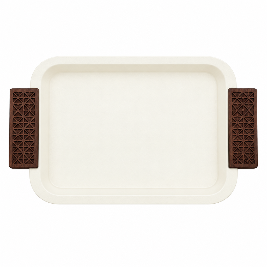 Metal Rectangle Tray with Wooden Handles Cream - 32x24cm