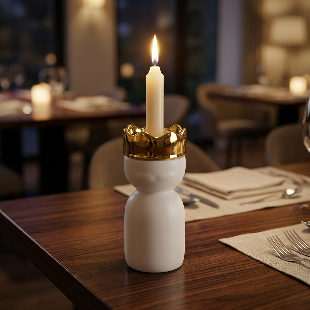 Ceramic Candle Holder White & Gold - 12cm