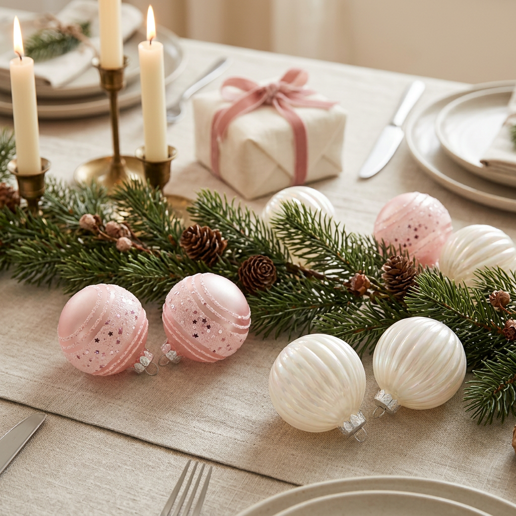 Plastic Christmas Décor Balls 12 Piece Set Pink & Pearl White - 6cm