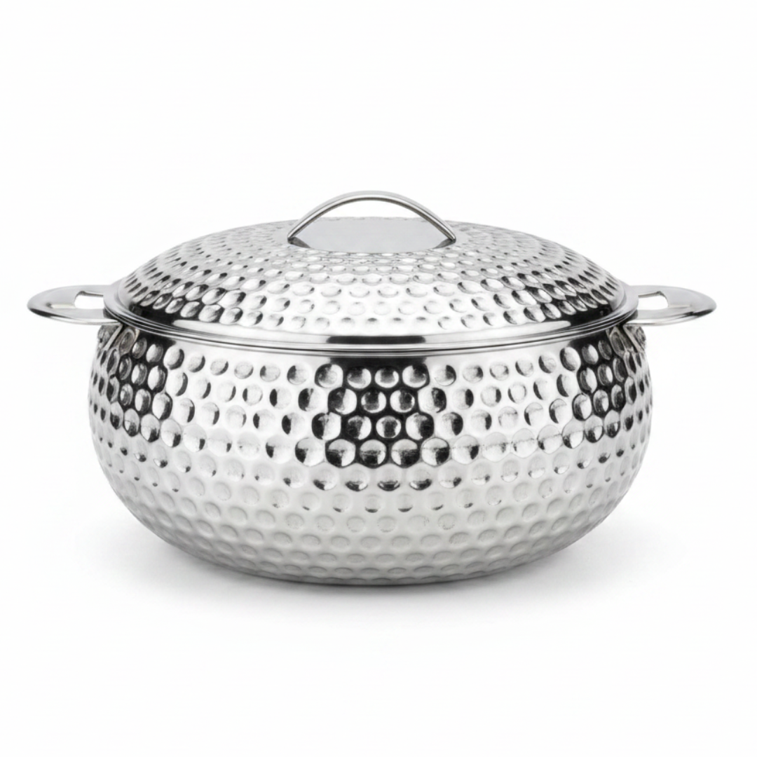 Pradeep Shahla Silver Stainless Steel Hotpot | Hammered Diamond-Texture Insulated Casserole Dish with Lid & Handles |