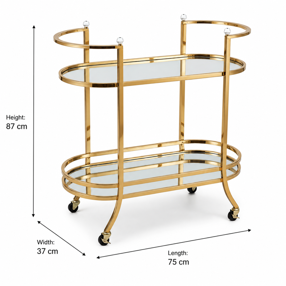 Life Smile 2-Tier Gold Metal & Glass Serving Trolley | Oval Cart with Wheels | 87×75×37 cm | Multi-Purpose Hospitality & Home Décor Trolley |