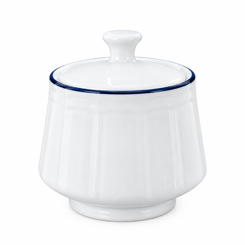 Luhpar Ceramic Sugar Pot with Lid White with Blue Rim - 360ml