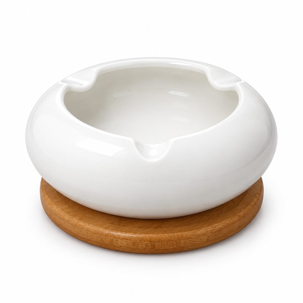 Ceramic Ashtray with Wooden Base - 12cm