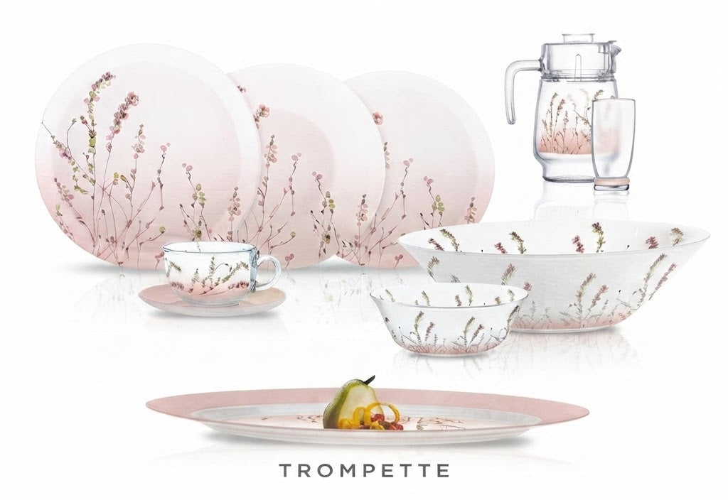 Luminarc Trompette 46-Piece Opal Glass Dinner Set - Floral Botanical Design