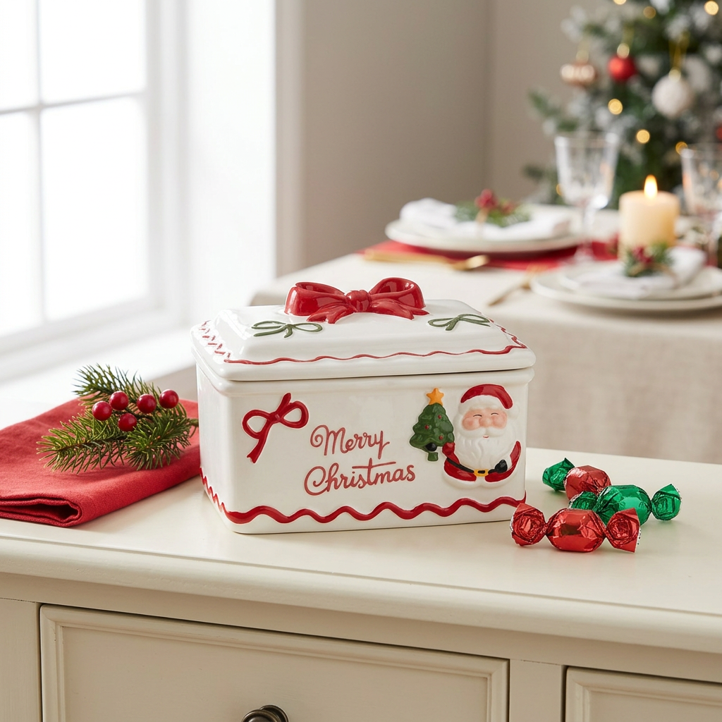 Ceramic Christmas Candy Box with Bow Lid - 15×12cm