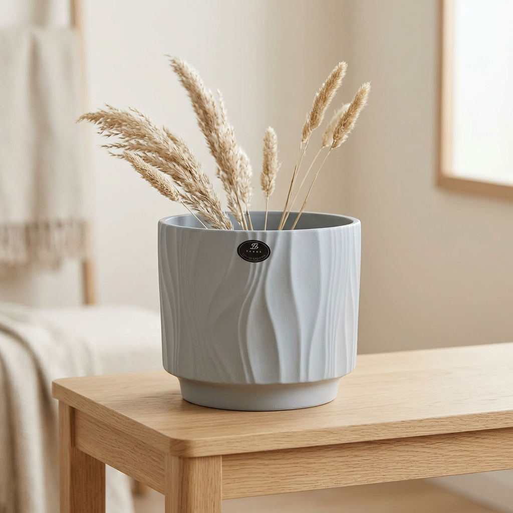 Ceramic Flower Vase with Textured Design Light Grey– 16×20cm