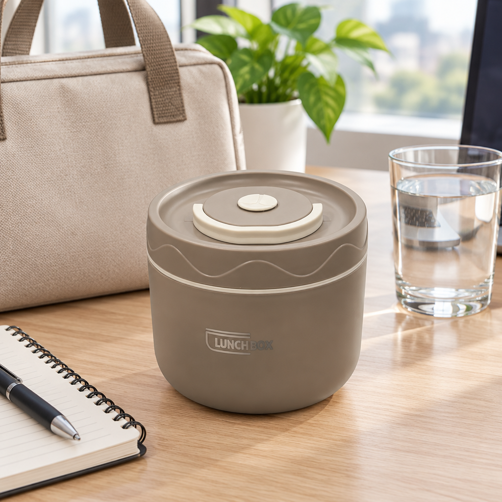 Plastic & Stainless Steel Round Lunch Box Taupe – 10×10cm