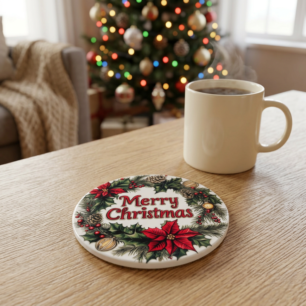 Ceramic-Coated Round Christmas Coaster - 10cm