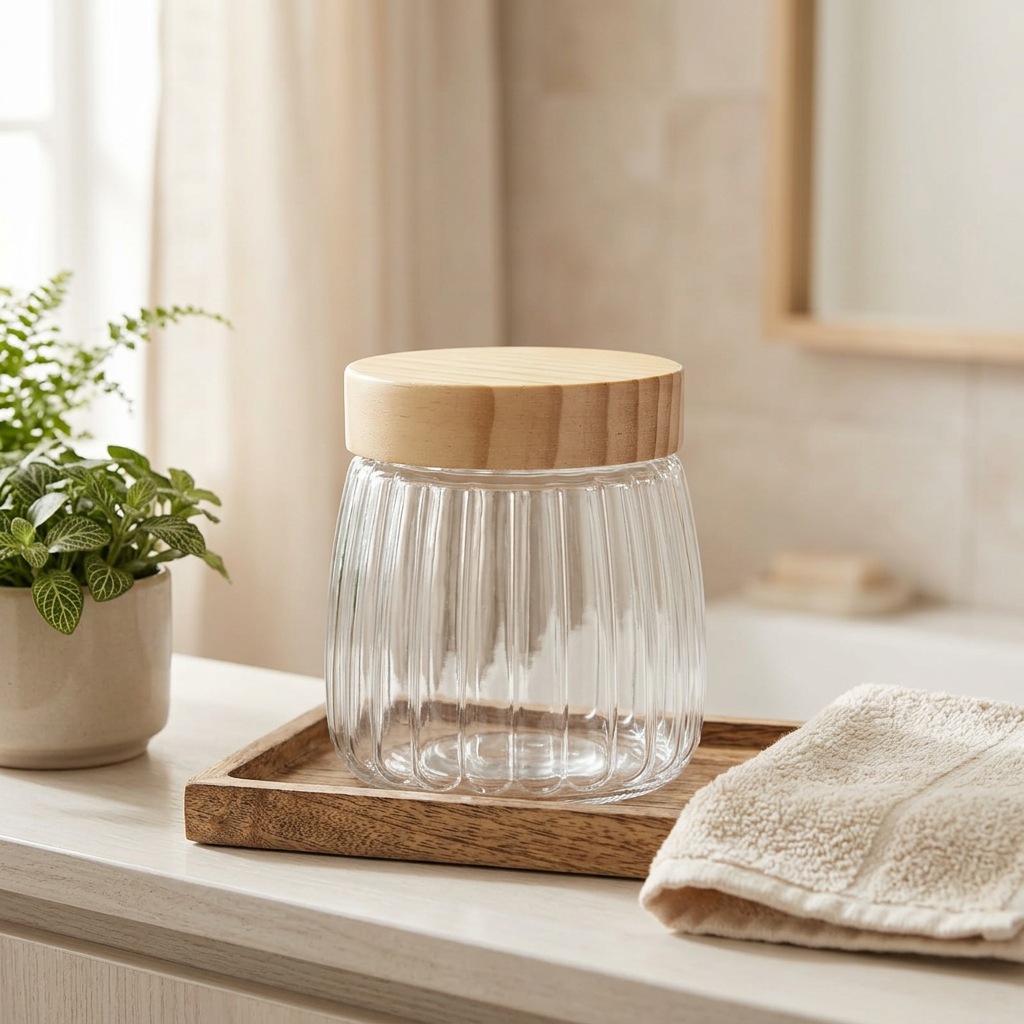 Ribbed Glass Jar with Wooden Lid - 500ml