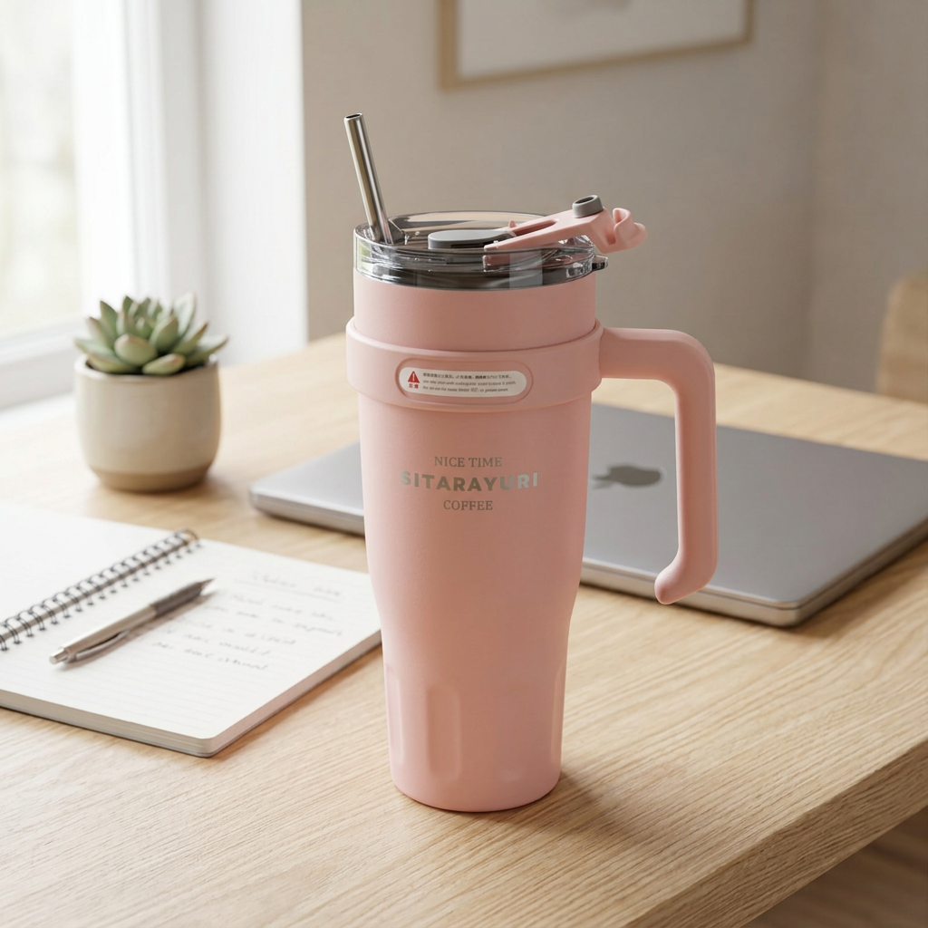 Sitarayuri Vacuum Bottle with Handle & Straw Pink - 1100ml