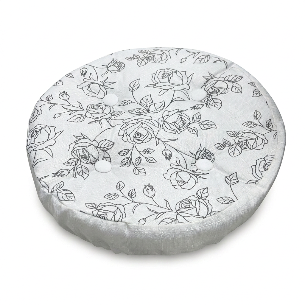 Round Rose Print Tufted Cushion White & Grey - 40cm