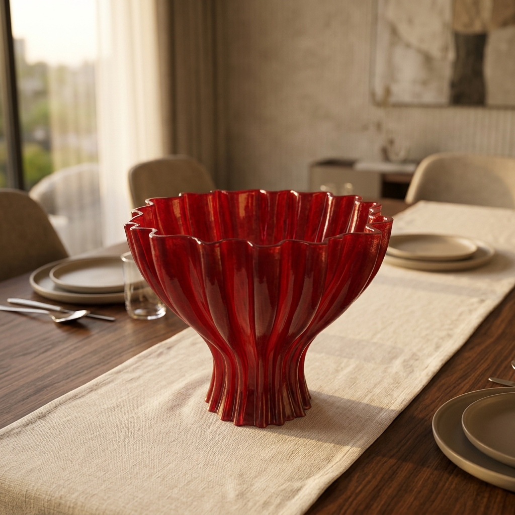 Resin Decorative Footed Bowl with Fluted Design Burgundy - 25×30cm