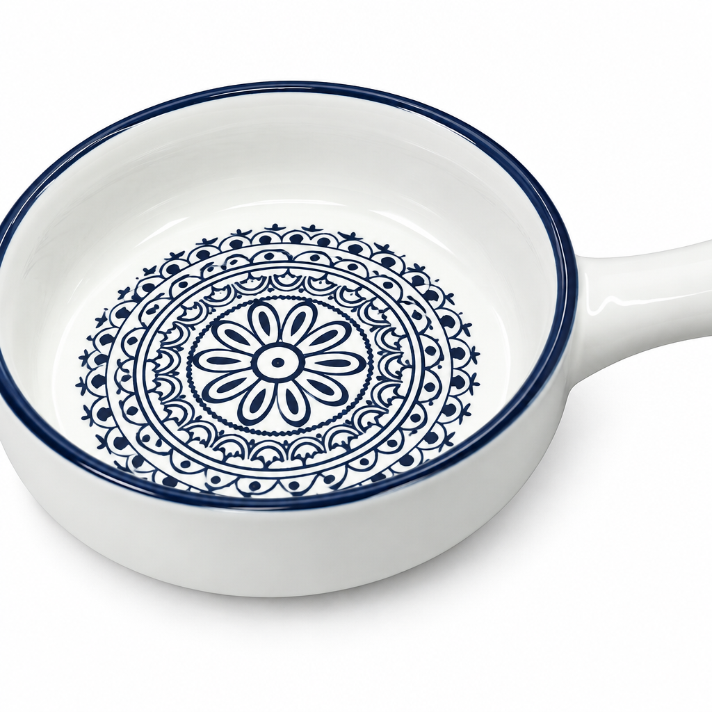 Che Brucia Ceramic Pan with Handle, Blue Rim & Floral Design - 8.5 × 8 Inch
