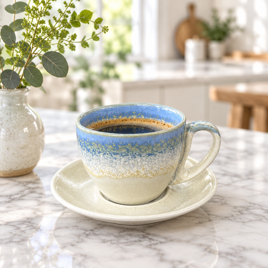 Ceramic Cup and Saucer Set Cream & Blue - 300ml