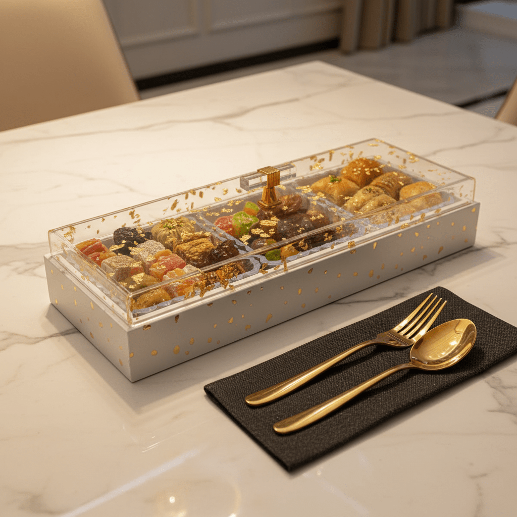 3 - Piece Crystal Acrylic Candy Bowl Set | White Wooden Tray & Gold Flake Lid | 36×13 cm - Al Kabayel Discount Centre3 - Piece Crystal Acrylic Candy Bowl Set | White Wooden Tray & Gold Flake Lid | 36×13 cmJars & Food SaversAKDCAl Kabayel Discount Centre