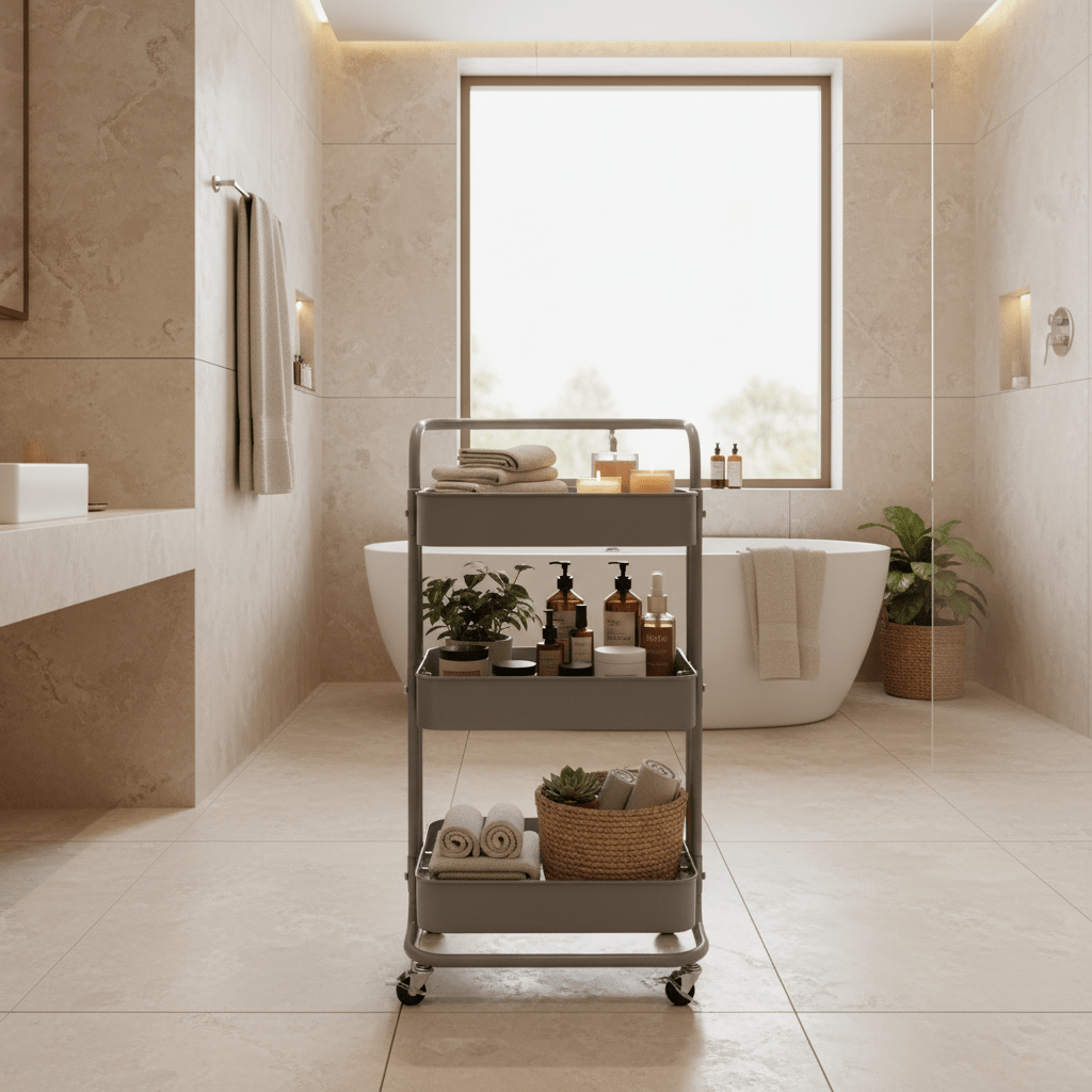 3-Tier Rolling Metal Storage Cart with Wheels & Handle | Mesh Shelves Utility Trolley | Grey & Blue | 28×38×70 cm | - Al Kabayel Discount Centre3-Tier Rolling Metal Storage Cart with Wheels & Handle | Mesh Shelves Utility Trolley | Grey & Blue | 28×38×70 cm |Organizers & AccessoriesAKDCAl Kabayel Discount Centre
