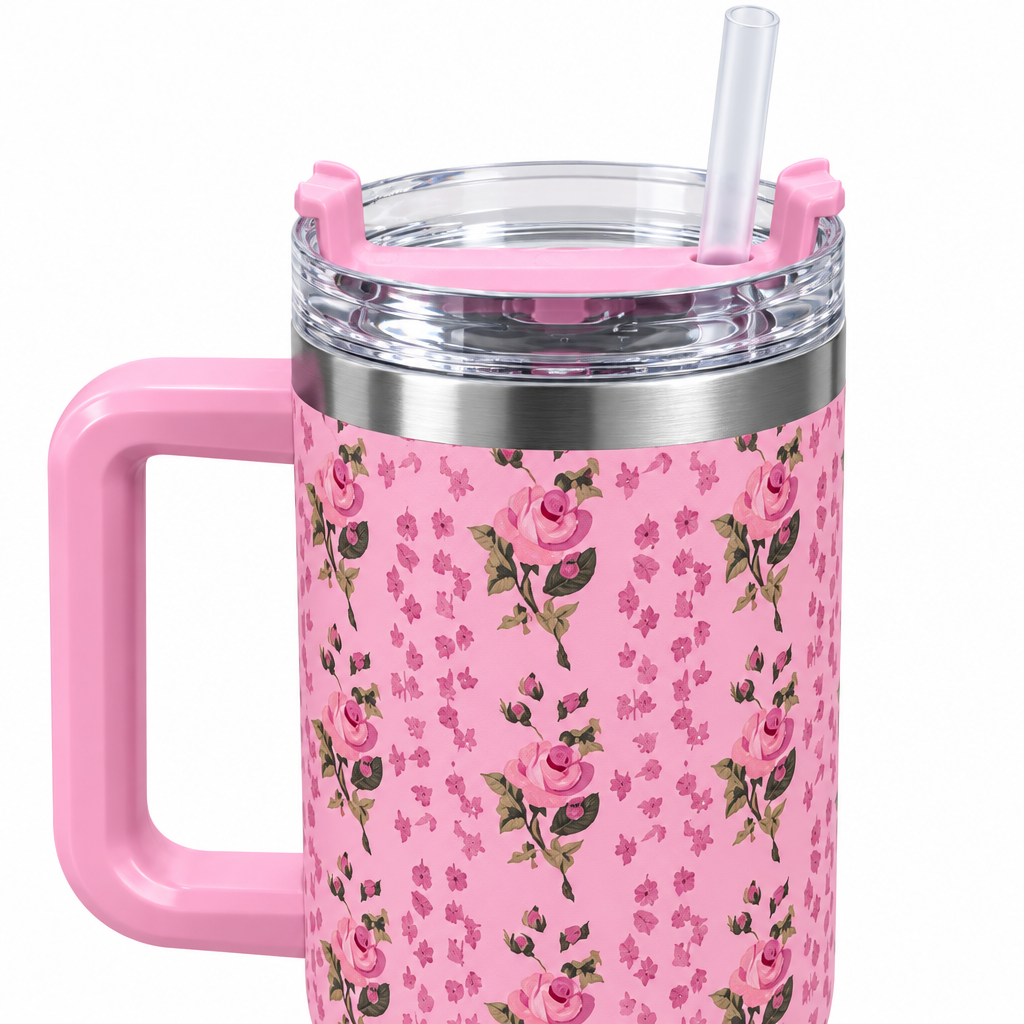 Floral Stainless Steel Water Bottle with Straw and Handle Pink – 1 Litre