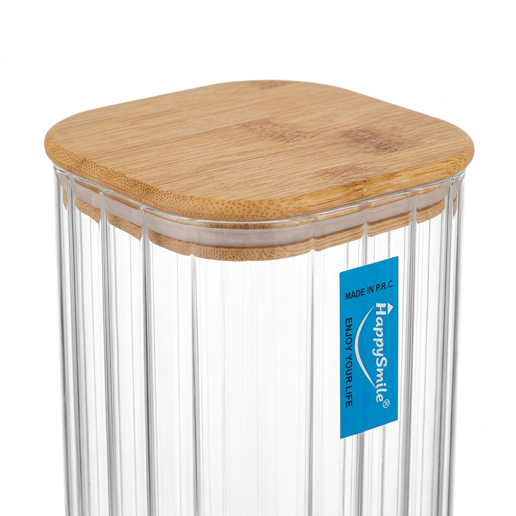 Happysmile Ribbed Glass Canister with Wooden Lid - 1 Litre
