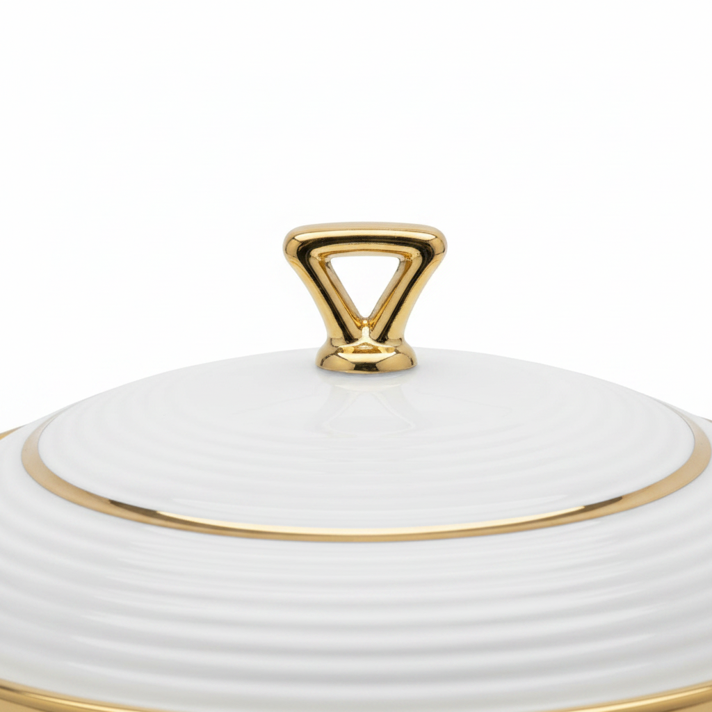 Ribbed Ceramic Serving Bowl with Lid White & Gold - 8-Inch