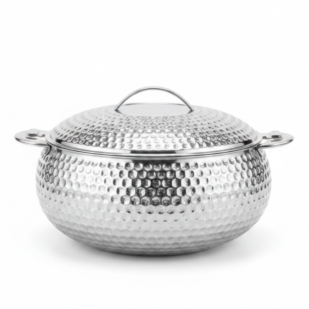 Pradeep Shahla Silver Stainless Steel Hotpot | Hammered Diamond-Texture Insulated Casserole Dish with Lid & Handles |