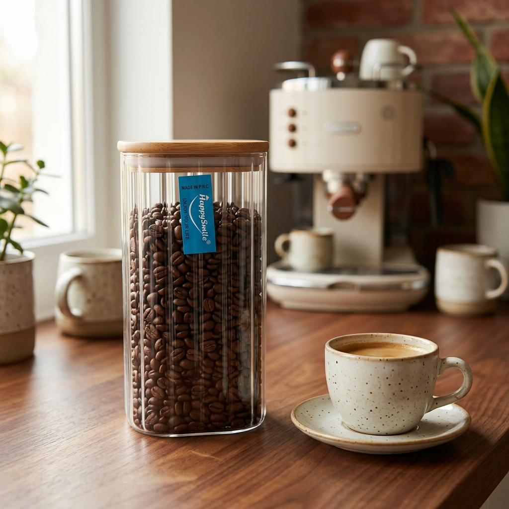 Happysmile Ribbed Glass Canister with Wooden Lid - 1 Litre