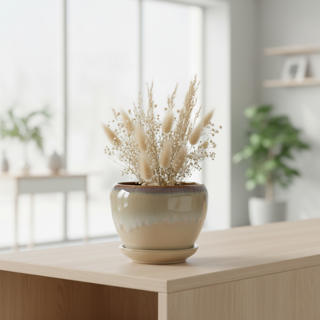 Ceramic Vase with Base Taupe Beige - 10×12cm