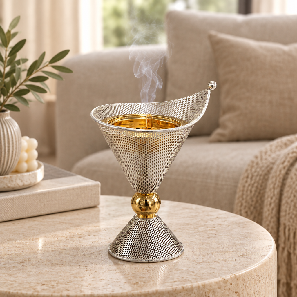 Metal Incense Burner with Perforated Design Silver & Gold – 20×14cm
