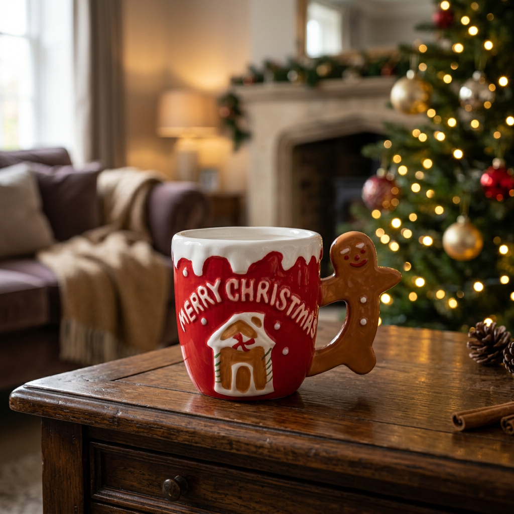 Ceramic Christmas Mug with Gingerbread Man Handle - 300ml