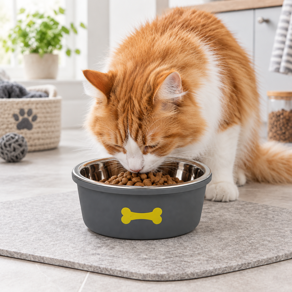 Silicone & Stainless Steel Pet Feeding Bowl Grey - 13.5cm